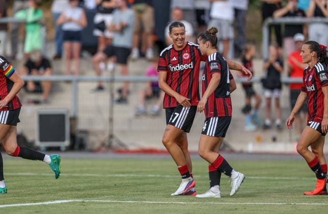 GER, Frankfurt, Eintracht Frankfurt vs. AC Omonia Nicosia, UEFA Women s Champions League, Soccer, UEFA, 2026–2027 Season, Brentanobad Stadium, Qualifying Round, Semifinal in Pictures: Larissa Mühlhaus of Eintracht Frankfurt Women’s Team 19 scores the goal to make it 2–0, Goal, celebration and joy, emotions, with Noemi Ivelj, Eintracht Frankfurt Women’s Team No. 4. DFB and DFL regulations prohibit any use of photographs as image sequences and or quasi-video. August 5, 2026 Copyright: HMBxMedia HendrikxHamelau