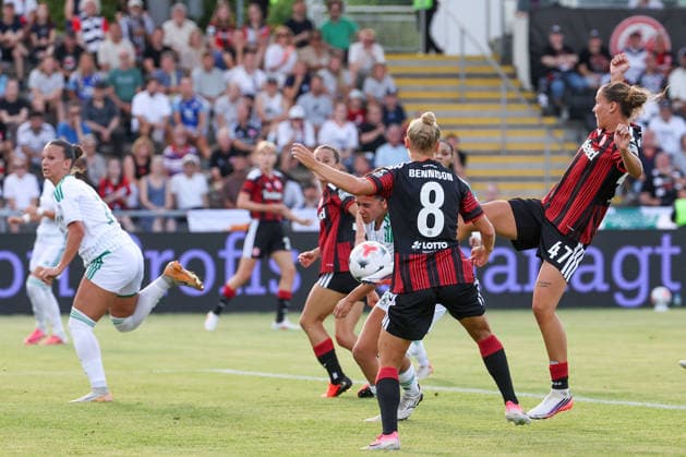 Frankfurt am Main, Germany, August 2026. Larrissa Muehlhaus scores to make it 2–0 for Eintracht Frankfurt during the second qualifying round match between Eintracht Frankfurt and Omonia Nicosia in the semifinals of the UEFA Women s LP Mini Tournament at Stadium am Bretanobad in Frankfurt am Main, Germany Copyright: HMBxMedia JoaquimxFerreira