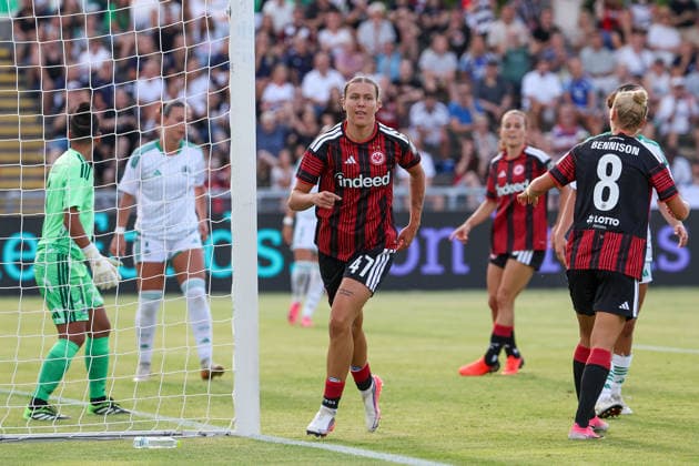 Frankfurt am Main, Germany, August 2026 Larrissa Muehlhaus Eintracht Frankfurt celebrates the goal that made the score 2–0 during the second qualifying round match between Eintracht Frankfurt and Omonia Nicosia in the semifinals of the UEFA Women s LP Mini Tournament at Stadium am Bretanobad in Frankfurt am Main, Germany Copyright: HMBxMedia JoaquimxFerreira