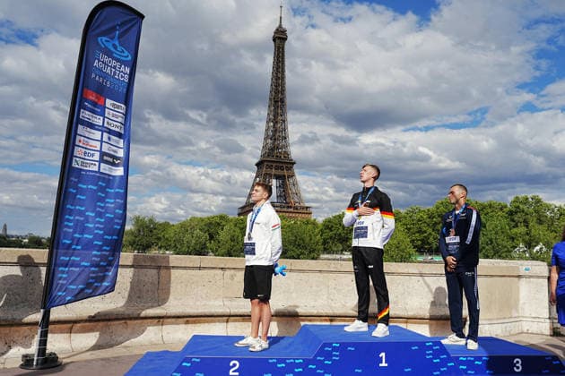 Open Water, Men s 5km, Gregorio PALTRINIERI from Italy, bronze, Florian WELLBROCK from Germany, gold, David BETLEHEM from Hungary, silver, at the European Aquatics Championships Paris 2026, Paris, August 05, 2026 .  Copyright: xGianxMattiaxD Alberto LaPressex
