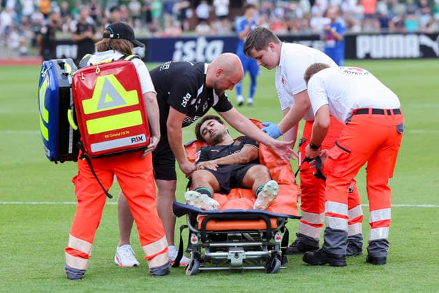 Jens Castrop of Borussia Mönchengladbach lies injured on a stretcher and is being taken to a hospital during the friendly match between FC Rottach Egern and Borussia Mönchengladbach at Birkenmoos Stadium on August 5, 2026, in Rottach Egern, Germany. Photo by Marco Steinbrenner, DeFodi Images. Jens Castrop of Borussia Mönchengladbach is lying injured on a stretcher and is being taken to the hospital during the friendly match between FC Rottach Egern and Borussia Mönchengladbach at Stadion Birkenmoos on August 5, 2026 in Rottach Egern, Germany. Photo by Marco Steinbrenner, DeFodi Images. Photo by Marco Steinbrenner, DeFodi Images.