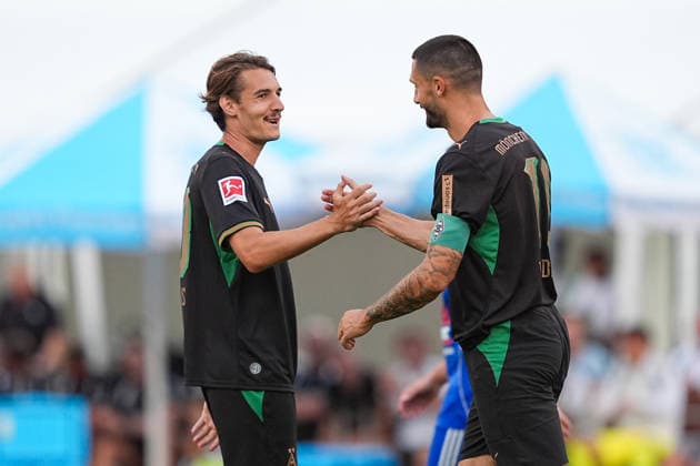 August 5, 2026, xydrx, soccer, exhibition match, FC Rottach Egern vs. Borussia Mönchengladbach, 2026–2027 season, Birkenmoos Stadium: Celebrations after Borussia Mönchengladbach’s 10–0 goal scored by Tim Kleindienst, Borussia Mönchengladbach, No. 11, alongside Florian Neuhaus, Borussia Mönchengladbach, No. 10. DFB regulations prohibit any use of photographs as image sequences and or quasi-video. Copyright: HMBxMedia YannisxDreimann