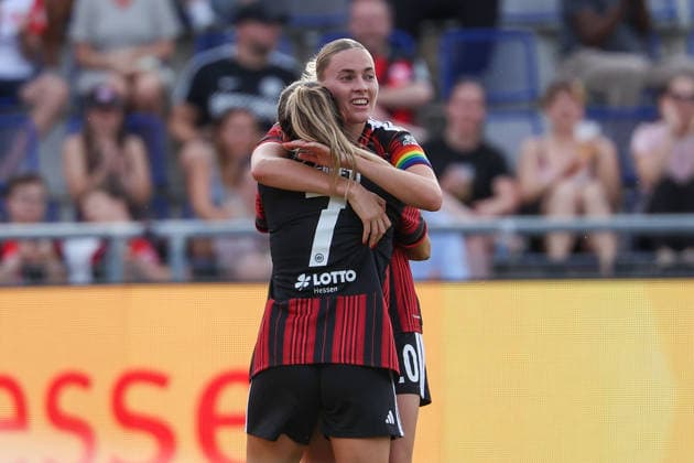 Frankfurt am Main, Germany, August 2026: Ereleta Memeti of Eintracht Frankfurt and Laura Freigang of Eintracht Frankfurt celebrate the goal that made the score 3–0 during the second qualifying round match between Eintracht Frankfurt and Omonia Nicosia in the semifinals of the UEFA Women’s LP Mini Tournament at Stadium am Bretanobad in Frankfurt am Main, Germany Copyright: HMBxMedia JoaquimxFerreira