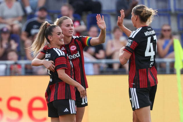 Frankfurt am Main, Germany, August 2026 Ereleta Memeti, Eintracht Frankfurt, Laura Freigang of Eintracht Frankfurt and Larrissa Muehlhaus of Eintracht Frankfurt celebrate the goal that made the score 3–0 during the second qualifying round match between Eintracht Frankfurt and Omonia Nicosia in the semifinals of the UEFA Women’s LP Mini Tournament at Stadium am Bretanobad in Frankfurt am Main, Germany Copyright: HMBxMedia JoaquimxFerreira