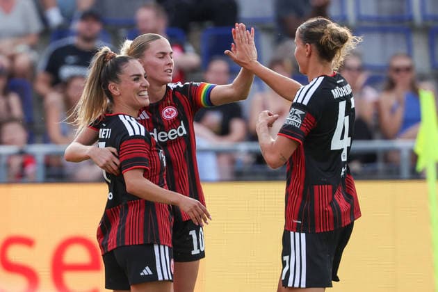 Frankfurt am Main, Germany, August 2026 Ereleta Memeti, Eintracht Frankfurt, Laura Freigang of Eintracht Frankfurt and Larrissa Muehlhaus of Eintracht Frankfurt celebrate the goal that made the score 3–0 during the second qualifying round match between Eintracht Frankfurt and Omonia Nicosia in the semifinals of the UEFA Women’s LP Mini Tournament at Stadium am Bretanobad in Frankfurt am Main, Germany Copyright: HMBxMedia JoaquimxFerreira