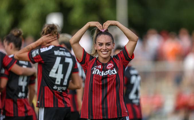 GER, Frankfurt, Eintracht Frankfurt vs. AC Omonia Nicosia, UEFA Women s Champions League, Soccer, UEFA, 2026–2027 Season, Brentanobad Stadium, Qualifying Round, Semifinal: Ereleta Memeti of Eintracht Frankfurt Women’s Team scores the goal to make it 3–0, Goal, celebration and joy, emotions. DFB and DFL regulations prohibit any use of photographs as image sequences and or quasi-video. August 5, 2026 Copyright: HMBxMedia HendrikxHamelau