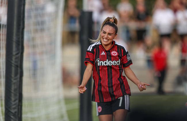 GER, Frankfurt, Eintracht Frankfurt vs. AC Omonia Nicosia, UEFA Women s Champions League, Soccer, UEFA, 2026–2027 Season, Brentanobad Stadium, Qualifying Round, Semifinal: Ereleta Memeti of Eintracht Frankfurt Women’s Team scores the goal to make it 3–0, Goal, celebration and joy, emotions. DFB and DFL regulations prohibit any use of photographs as image sequences and or quasi-video. August 5, 2026 Copyright: HMBxMedia HendrikxHamelau