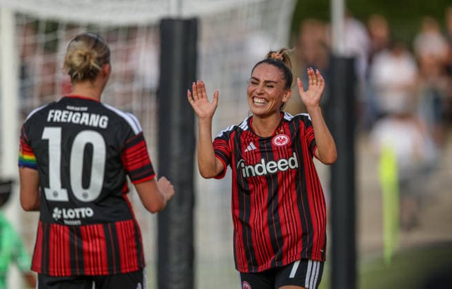GER, Frankfurt, Eintracht Frankfurt vs. AC Omonia Nicosia, UEFA Women s Champions League, Soccer, UEFA, 2026–2027 Season, Brentanobad Stadium, Qualifying Round, Semifinal: Ereleta Memeti of Eintracht Frankfurt Women’s Team scores the goal to make it 3–0, Goal, celebration and joy, emotions. DFB and DFL regulations prohibit any use of photographs as image sequences and or quasi-video. August 5, 2026 Copyright: HMBxMedia HendrikxHamelau