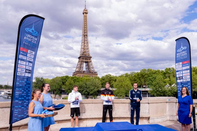 France, Paris, Seine River, August 5, 2026, European Aquatics Championships – Artistic Swimming, Day 6, Medal Ceremony for the 5 km Open Water Event: David Betlehem of Hungary, Florian Wellbrock of Germany, and Gregorio Paltrinieri of Italy; Photo by Eibner Pressefoto Tino Henschel; European Aquatics Championships – Artistic Swimming, Day 6, Medal Ceremony for the 5 km Open Water Event, Paris Copyright: xEibnerxPressefotox