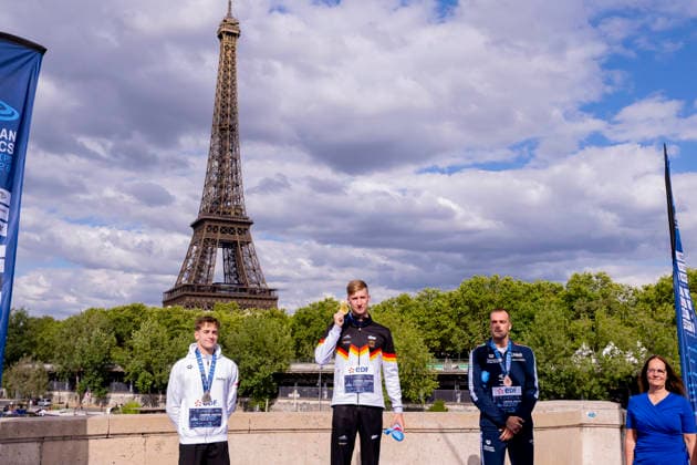 France, Paris, Seine River, August 5, 2026, European Aquatics Championships – Artistic Swimming, Day 6, Medal Ceremony for the 5 km Open Water Event: David Betlehem of Hungary, Florian Wellbrock of Germany, and Gregorio Paltrinieri of Italy; Photo by Eibner Pressefoto Tino Henschel; European Aquatics Championships – Artistic Swimming, Day 6, Medal Ceremony for the 5 km Open Water Event, Paris Copyright: xEibnerxPressefotox