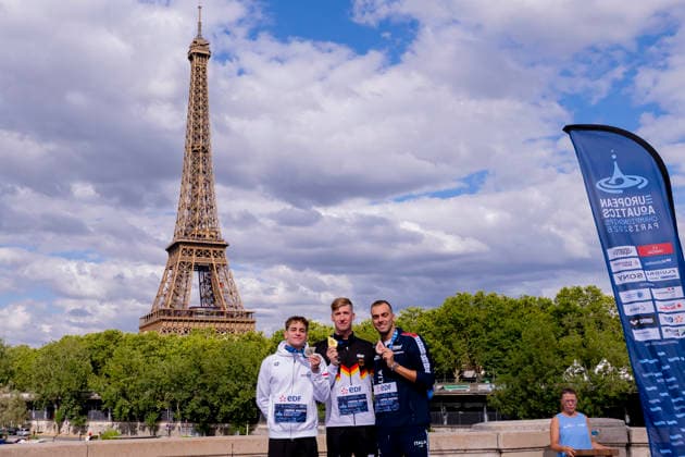 France, Paris, Seine River, August 5, 2026, European Aquatics Championships – Artistic Swimming, Day 6, Medal Ceremony for the 5 km Open Water Event: David Betlehem of Hungary, Florian Wellbrock of Germany, and Gregorio Paltrinieri of Italy; Photo by Eibner Pressefoto Tino Henschel; European Aquatics Championships – Artistic Swimming, Day 6, Medal Ceremony for the 5 km Open Water Event, Paris Copyright: xEibnerxPressefotox
