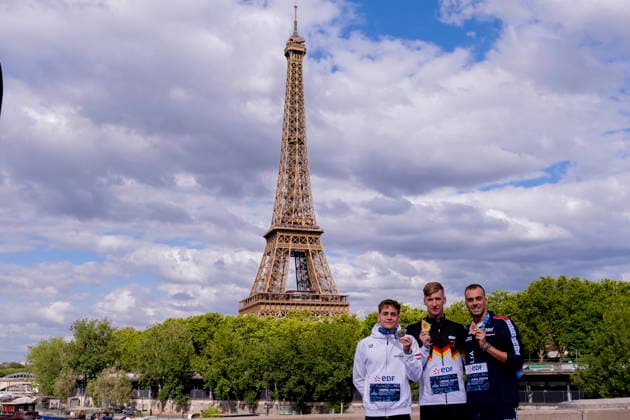 France, Paris, Seine River, August 5, 2026, European Aquatics Championships – Artistic Swimming, Day 6, Medal Ceremony for the 5 km Open Water Event: David Betlehem of Hungary, Florian Wellbrock of Germany, and Gregorio Paltrinieri of Italy; Photo by Eibner Pressefoto Tino Henschel; European Aquatics Championships – Artistic Swimming, Day 6, Medal Ceremony for the 5 km Open Water Event, Paris Copyright: xEibnerxPressefotox