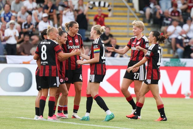 Frankfurt am Main, Germany, August 2026: Ereleta Memeti of Eintracht Frankfurt and her teammates celebrate the goal that made the score 5–0 during the second qualifying round match between Eintracht Frankfurt and Omonia Nicosia in the semifinals of the UEFA Women s LP Mini Tournament at Stadium am Bretanobad in Frankfurt am Main, Germany Copyright: HMBxMedia JoaquimxFerreira