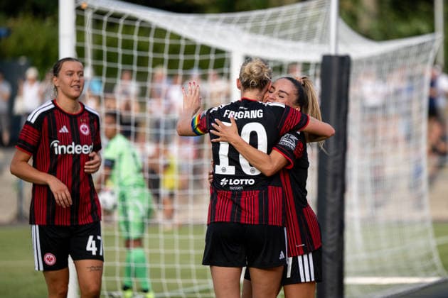 August 5, 2026, GER, Soccer, Women s, UEFA Women s Champions League, 2026–2027 Season, Qualifying Tournament, Semifinals, Eintracht Frankfurt vs. Omonia Nicosia: Laura Freigang (Eintracht Frankfurt, 10) and Ereleta Memeti (Eintracht Frankfurt, 07) celebrate the goal that made it 3–0, Frankfurt am Main, Stadion am Brentanobad, Hesse, Germany Copyright: xNordphoto Memmlerx