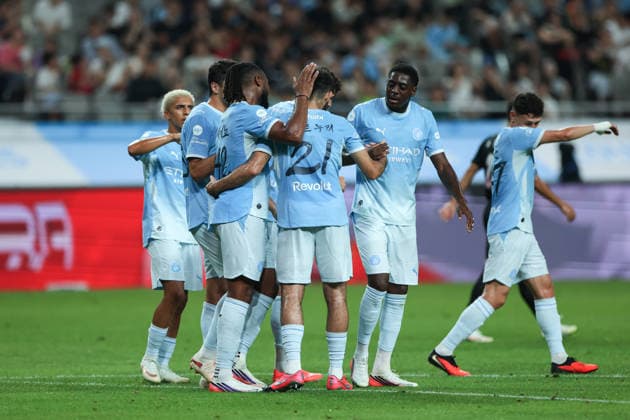 Manchester City FC face K League All-Stars in pre-season friendly in South Korea Rayan Ait Nouri of Manchester City FC celebrates with teammates after scoring a goal during a pre-season friendly soccer match between Manchester City FC and Team K League at Seoul World Cup Stadium in Seoul, South Korea, August 05, 2026. Seoul South Korea  Copyright: xMatrixxImages JungxUi-Chelx