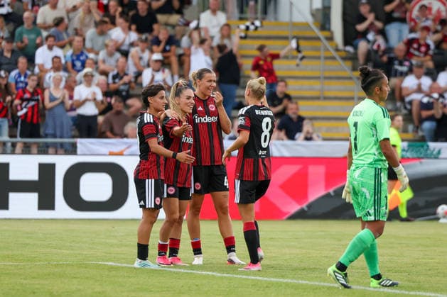 Frankfurt am Main, Germany, August 2026: Dilara Acikgoez (Eintracht Frankfurt), Ereleta Memeti (Eintracht Frankfurt), Larrissa Muehlhaus (Eintracht Frankfurt), Hanna Bennison of Eintracht Frankfurt celebrate the goal that made the score 5–0 during the second qualifying round match between Eintracht Frankfurt and Omonia Nicosia in the semifinals of the UEFA Women’s LP Mini Tournament at Stadium am Bretanobad in Frankfurt am Main, Germany Copyright: HMBxMedia JoaquimxFerreira