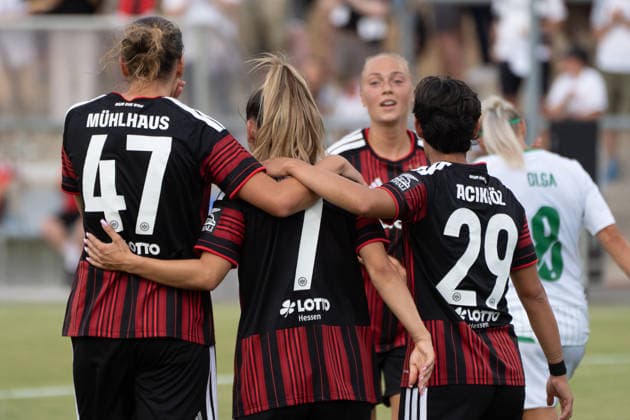 August 5, 2026, xhfmx, Soccer CLQ HF 2 Qualifying Round, Eintracht Frankfurt vs. Omonia Nicosia, Larissa Mühlhaus, Eintracht Frankfurt, 47, Erêleta Memeti, Eintracht Frankfurt; 7, Hanna Bennison, Eintracht Frankfurt; 8, Dilara Acikgöz, Eintracht Frankfurt; 29, celebrating a goal against Nicosia; Goal, Jubilation, Celebration DFL DFB REGULATIONS PROHIBIT ANY USE OF PHOTOGRAPHS as IMAGE SEQUENCES and or QUASI-VIDEO Frankfurt