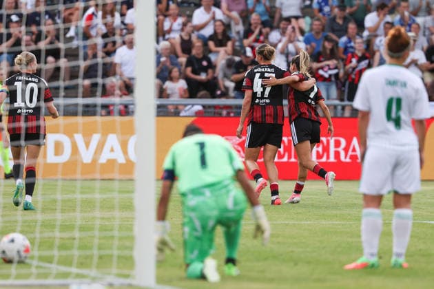Frankfurt am Main, Germany, August 2026—Larrissa Muehlhaus of Eintracht Frankfurt and Ereleta Memeti of Eintracht Frankfurt celebrate the goal during the second qualifying round match between Eintracht Frankfurt and Omonia Nicosia in the semifinals of the UEFA Women s LP Mini Tournament at Stadium am Bretanobad in Frankfurt am Main, Germany Copyright: HMBxMedia JoaquimxFerreira