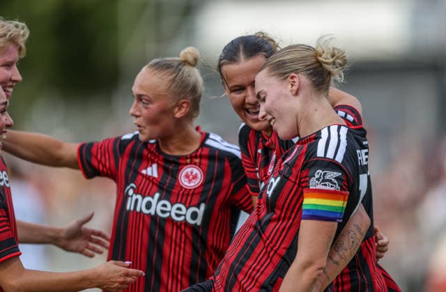 GER, Frankfurt, Eintracht Frankfurt vs. AC Omonia Nicosia, UEFA Women s Champions League, Soccer, UEFA, 2026–2027 Season, Brentanobad Stadium, Qualifying Round, Semifinals in Pictures: Larissa Mühlhaus (Eintracht Frankfurt Women, No. 19), Laura Freigang (Eintracht Frankfurt Women, No. 10), Goal, Celebration and Joy, Emotions. DFB and DFL regulations prohibit any use of photographs as image sequences and or quasi-video. May 8, 2026 Copyright: HMBxMedia HendrikxHamelau