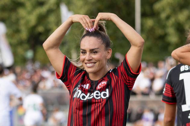 UWCL Qualifier: Eintracht Frankfurt vs. AC Omonia Nicosia, August 5, 2026. Ereleta Memeti of Eintracht Frankfurt scored the goal that made it 3–0 and is celebrating, making a heart gesture. Cutout, portrait. Eintracht Frankfurt vs. AC Omonia Nicosia, Frankfurt, Stadion am Brentanobad, August 5, 2026 Copyright: xBEAUTIFULxSPORTS Gawlikx