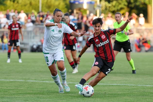 Frankfurt am Main, Germany, August 2026, Chara Charalambous, Omonia Nicosia, Dilara Acikgoez Eintracht Frankfurt battles for the ball during the second qualifying round match between Eintracht Frankfurt and Omonia Nicosia in the semifinals of the UEFA Women’s LP Mini Tournament at Stadium am Bretanobad in Frankfurt am Main, Germany Copyright: HMBxMedia JoaquimxFerreira