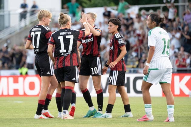 August 5, 2026, xhfmx, Soccer CLQ HF 2 Qualifying Round, Eintracht Frankfurt vs. Omonia Nicosia, from left: Paulina Krumbiegel (Eintracht Frankfurt), 27, Pia Sophie Wolter, Eintracht Frankfurt, 17, Laura Freigang, Eintracht Frankfurt, 10, Dilara Acikgöz, Eintracht Frankfurt, 29, celebrate the 6–0 goal scored by Laura Freigang, Eintracht Frankfurt, 10, against Nicosia; Goal, Jubilation, Celebration DFL DFB REGULATIONS PROHIBIT ANY USE OF PHOTOGRAPHS as IMAGE SEQUENCES and or QUASI-VIDEO Frankfurt
