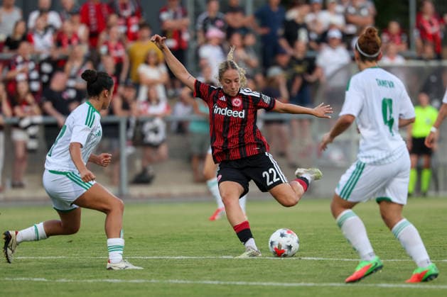 Frankfurt am Main, Germany, August 2026 Christina Pitsillou, Omonia Nicosia, Danique Tolhoek of Eintracht Frankfurt in action with the ball, and Ivana Taneva of Omonia Nicosia during the second qualifying round match between Eintracht Frankfurt and Omonia Nicosia in the semifinals of the UEFA Women’s LP Mini Tournament at Stadium am Bretanobad in Frankfurt am Main, Germany Copyright: HMBxMedia JoaquimxFerreira