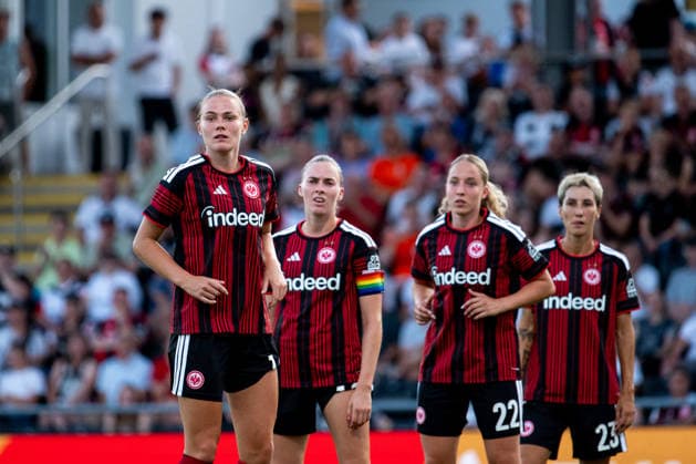 August 5, 2026, GER, Soccer, Women, UEFA Women s Champions League, 2026–2027 Season, Qualifying Tournament, Semifinals, Eintracht Frankfurt vs. Omonia Nicosia Marthine Ostenstad, Eintracht Frankfurt, 14; Laura Freigang, Eintracht Frankfurt, 10; Danique Tolhoek, Eintracht Frankfurt, 22; Sara Doorsoun, Eintracht Frankfurt, 23; Frankfurt am Main, Stadion am Brentanobad, Hesse, Germany Copyright: xNordphoto Memmlerx