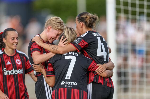 GER, Frankfurt, Eintracht Frankfurt vs. AC Omonia Nicosia, UEFA Women s Champions League, Soccer, UEFA, 2026–2027 Season, Brentanobad Stadium, Qualifying Round, Semifinal: Ereleta Memeti of Eintracht Frankfurt Women’s Team 7 scores the goal to make it 3–0; goal, celebration, joy, emotions; Larissa Mühlhaus of Eintracht Frankfurt Women’s Team 19, Paulina Krumbiegel, Eintracht Frankfurt Women’s Team, No. 22. DFB and DFL regulations prohibit any use of photographs as image sequences and or quasi-video. May 8, 2026 Copyright: HMBxMedia HendrikxHamelau