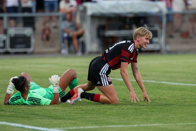 Frankfurt am Main, Germany, August 2026: Goalkeeper Constantina Kouzali of Omonia Nicosia, Paulina Krumbiegel of Eintracht Frankfurt is seen celebrating after scoring a goal to make the score 8–0 during the second qualifying round match between Eintracht Frankfurt and Omonia Nicosia in the semifinals of the UEFA Women’s LP Mini Tournament at Stadium am Bretanobad in Frankfurt am Main, Germany Copyright: HMBxMedia JoaquimxFerreira
