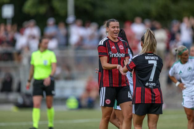 GER, Frankfurt, Eintracht Frankfurt vs. AC Omonia Nicosia, UEFA Women s Champions League, Soccer, UEFA, 2026–2027 Season, Brentanobad Stadium, Qualifying Round, Semifinal in Pictures: from left, Larissa Mühlhaus (Eintracht Frankfurt Women’s U-19) and Ereleta Memeti (Eintracht Frankfurt Women’s U-7), Goal, celebration and joy, emotions. DFB and DFL regulations prohibit any use of photographs as image sequences and or quasi-video. August 5, 2026 Copyright: HMBxMedia HendrikxHamelau