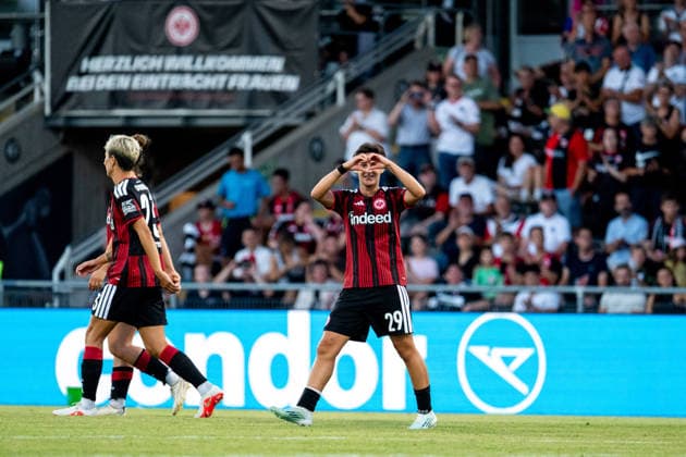 August 5, 2026, GER, Soccer, Women, UEFA Women s Champions League, 2026–2027 Season, Qualifying Tournament, Semifinals, Eintracht Frankfurt vs. Omonia Nicosia; Dilara Acikgöz of Eintracht Frankfurt (No. 29) celebrates the goal that made the score 7–0, Frankfurt am Main, Stadion am Brentanobad, Hesse, Germany Copyright: xNordphoto Memmlerx