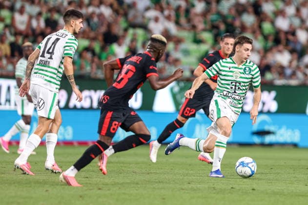 05.08.2026, Budapeszt Liga Europy UEFA sezon 2026 27 runda III kwalifikacji, Ferencvaros Budapest - Gornik Zabrze - UEFA Europa League football Match season 2026 27 round III qualification Ferencvaros Budapeszt - Gornik Zabrze Nz. Attila Osvath Taofeek Ismaheel Marius Corbu Fot. Michal Chwieduk Arena Akcji NEWSPIX.PL --- newspix.pl 
