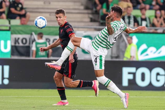 05.08.2026, Budapeszt Liga Europy UEFA sezon 2026 27 runda III kwalifikacji, Ferencvaros Budapest - Gornik Zabrze - UEFA Europa League football Match season 2026 27 round III qualification Ferencvaros Budapeszt - Gornik Zabrze Nz. Rafal Janicki Mariano Gomez Fot. Michal Chwieduk Arena Akcji NEWSPIX.PL --- newspix.pl 