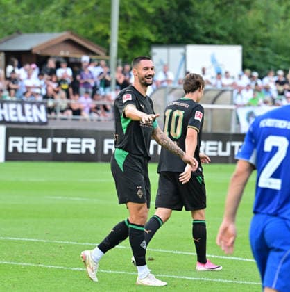 August 5, 2026 Rottach Egern Soccer, Men s, 2026–2027 season, Friendly Match: FC Rottach Egern vs. Borussia Mönchengladbach Goal celebration by goal scorer Tim Kleindienst, Gladbach. DFL regulations prohibit any use of photographs as image sequences and or quasi-video. Am Birkenmoos Stadium, Bavaria, Germany