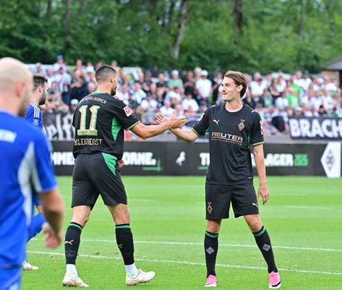 August 5, 2026 Rottach Egern Soccer, Men s, 2026–2027 season, Friendly Match: FC Rottach Egern vs. Borussia Mönchengladbach. Goal celebration by goal scorer Tim Kleindienst (Gladbach, left) with Florian Neuhaus (Gladbach, right). DFL regulations prohibit any use of photographs as image sequences and or quasi-video. Am Birkenmoos Stadium, Bavaria, Germany