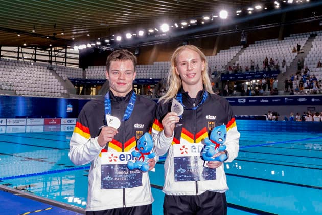 France, Paris, Centre Aquatique Olympique Metropole du Grand Paris, August 5, 2026, European Aquatics Championships – Artistic Swimming, Day 6, Mixed Synchronized 10m Platform, Pauline Pfeif and Ole Roesler of Germany, Photo by Eibner Pressefoto Tino Henschel European Aquatics Championships Artistic Swimming, Day 6, Mixed Synchronized 10m Platform, Paris Copyright: xEibnerxPressefotox