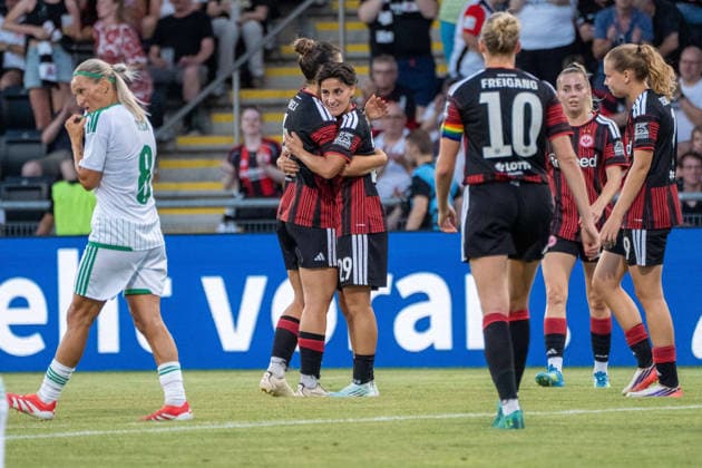 August 5, 2026, xhfmx, Soccer CLQ HF 2 Qualifying Round, Eintracht Frankfurt vs. Omonia Nicosia: Noemi Ivelj (Eintracht Frankfurt), 4, and Dilara Acikgöz (Eintracht Frankfurt), 29, celebrate the goal scored by Dilara Acikgöz (Eintracht Frankfurt), 29 DFL DFB REGULATIONS PROHIBIT ANY USE OF PHOTOGRAPHS AS IMAGE SEQUENCES AND OR QUASI-VIDEO Frankfurt