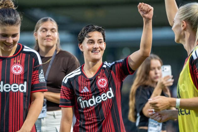August 5, 2026, xhfmx, Soccer CLQ HF 2 Qualifying Round, Eintracht Frankfurt vs. Omonia Nicosia, from left: Noemi Ivelj (Eintracht Frankfurt), 4, Sophia Winkler (Eintracht Frankfurt), 1, Dilara Acikgöz Eintracht Frankfurt, 29 DFL and DFB regulations prohibit any use of photographs as image sequences and or quasi-video Frankfurt