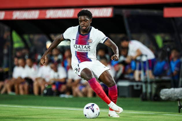 Quentin Ndjantou of PSG (Paris Saint-Germain) controls the ball during the preseason friendly match between RCD Mallorca and Paris Saint-Germain at Estadi Son Moix on August 5, 2026, in Palma de Mallorca, Spain. Photo by Xavi Bonilla, DeFodi Images