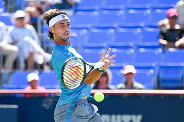 MONTREAL, QC - AUGUST 05: Thiago Agustin Tirante (ARG) returns the ball during a second round match at National Bank Open on August 05, 2026 at IGA Stadium in Montreal, QC (Photo by David Kirouac Icon Sportswire) TENNIS: AUG 05 National Bank Open EDITORIAL USE ONLY Icon26080507426