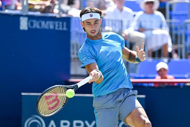 MONTREAL, QC - AUGUST 05: Thiago Agustin Tirante (ARG) returns the ball during a second round match at National Bank Open on August 05, 2026 at IGA Stadium in Montreal, QC (Photo by David Kirouac Icon Sportswire) TENNIS: AUG 05 National Bank Open EDITORIAL USE ONLY Icon26080507526