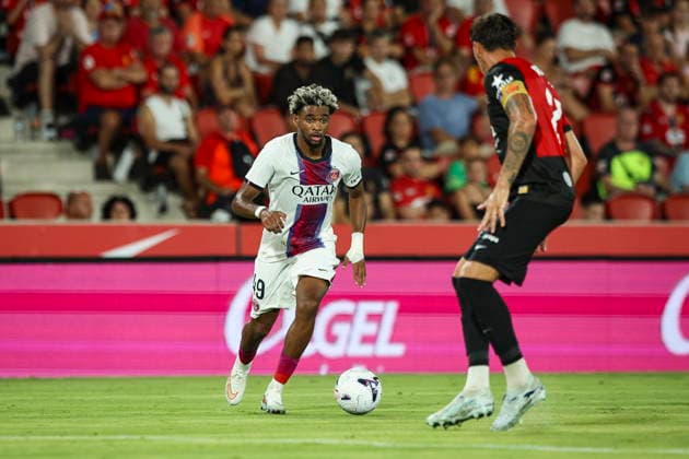 Ibrahim Mbaye of PSG (Paris Saint-Germain) controls the ball during the preseason friendly match between RCD Mallorca and Paris Saint-Germain at Estadi Son Moix on August 5, 2026, in Palma de Mallorca, Spain. Photo by Xavi Bonilla, DeFodi Images