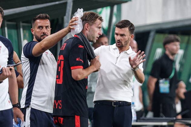 05.08.2026, Budapeszt Liga Europy UEFA sezon 2026 27 runda III kwalifikacji, Ferencvaros Budapest - Gornik Zabrze - UEFA Europa League football Match season 2026 27 round III qualification Ferencvaros Budapeszt - Gornik Zabrze Nz. Bartlomiej Spalek Sondre Liseth Michal Gasparik Fot. Michal Chwieduk Arena Akcji NEWSPIX.PL --- newspix.pl 