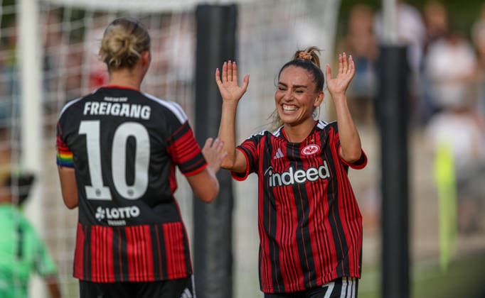 GER, Frankfurt, Eintracht Frankfurt vs. AC Omonia Nicosia, UEFA Women s Champions League, Soccer, UEFA, 2026–2027 Season, Brentanobad Stadium, Qualifying Round, Semifinal: Ereleta Memeti of Eintracht Frankfurt Women’s Team scores the goal to make it 2–0, Goal, Celebration and joy, emotions with Laura Freigang, Eintracht Frankfurt Women’s Team No. 10. DFB and DFL regulations prohibit any use of photographs as image sequences and or quasi-video. August 5, 2026 Copyright: HMBxMedia HendrikxHamelau