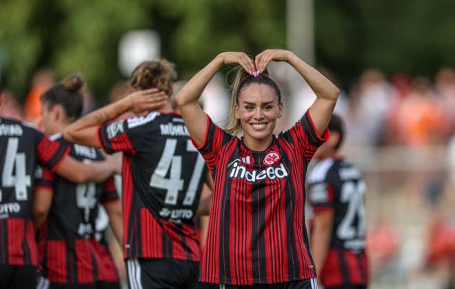 GER, Frankfurt, Eintracht Frankfurt vs. AC Omonia Nicosia, UEFA Women s Champions League, Soccer, UEFA, 2026–2027 Season, Brentanobad Stadium, Qualifying Round, Semifinal: Ereleta Memeti of Eintracht Frankfurt Women’s Team scores the goal to make it 2–0, Goal, Celebration and joy, emotions. DFB and DFL regulations prohibit any use of photographs as image sequences and or quasi-video. August 5, 2026 Copyright: HMBxMedia HendrikxHamelau