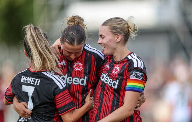 GER, Frankfurt, Eintracht Frankfurt vs. AC Omonia Nicosia, UEFA Women s Champions League, Soccer, UEFA, 2026–2027 Season, Brentanobad Stadium, Qualifying Round, Semifinal in Pictures: Ereleta Memeti of Eintracht Frankfurt Women’s Team scores the goal to make it 2–0; goal, celebration, and joy; emotions; Larissa Mühlhaus of Eintracht Frankfurt Women’s Team, 47, Laura Freigang, Eintracht Frankfurt Women’s Team No. 10. DFB and DFL regulations prohibit any use of photographs as image sequences and or quasi-video. August 5, 2026 Copyright: HMBxMedia HendrikxHamelau