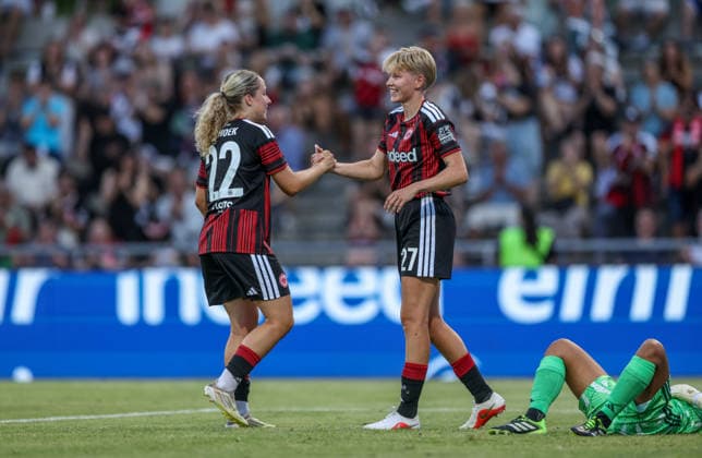 GER, Frankfurt, Eintracht Frankfurt vs. AC Omonia Nicosia, UEFA Women s Champions League, Soccer, UEFA, 2026–2027 Season, Brentanobad Stadium, Qualifying Round, Semifinal in Pictures: Paulina Krumbiegel of Eintracht Frankfurt Women’s Team ’27 scores the goal to make it 8–0 against Nicosia, Goal, Celebration and joy, emotions with Danique Tolhoek, Eintracht Frankfurt Women’s Team, No. 22. DFB and DFL regulations prohibit any use of photographs as image sequences and or quasi-video. August 5, 2026 Copyright: HMBxMedia HendrikxHamelau
