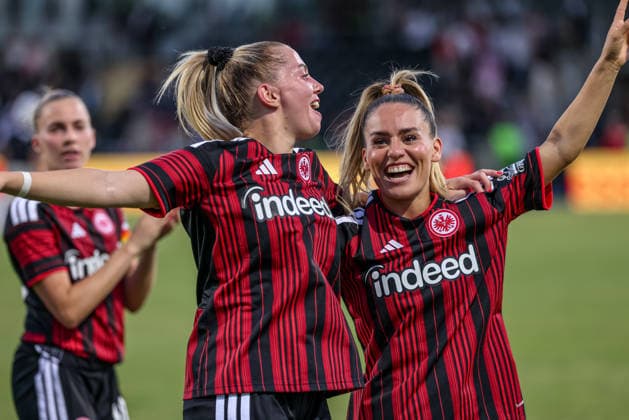 GER, Frankfurt, Eintracht Frankfurt vs. AC Omonia Nicosia, UEFA Women s Champions League, Soccer, UEFA, 2026–2027 Season, Brentanobad Stadium, Qualifying Round, Semifinals in Pictures: Eintracht Frankfurt Women celebrate their 8–0 victory over Nicosia in the UEFA Women’s Champions League qualifying round, cheering, joy, and emotion, Nina Lührsen, Eintracht Frankfurt Women’s Team No. 11; Ereleta Memeti, Eintracht Frankfurt Women’s Team No. 7. DFB and DFL regulations prohibit any use of photographs as image sequences and or quasi-video. August 5, 2026 Copyright: HMBxMedia HendrikxHamelau