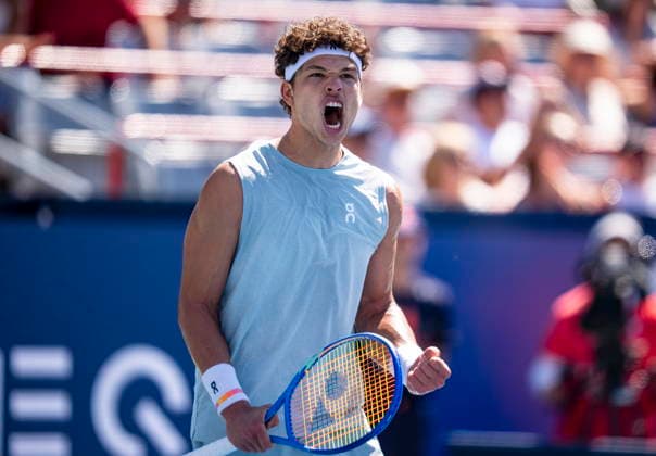 August 5, 2026, Montreal, Pq, Canada: Ben Shelton of USAÃ‚ celebrates after defeating Jenson Brooksby of USAÃ‚ on day four of the National Bank Open tennis tournament in Montreal on Wednesday, August 5, 2026. Canada News - August 5, 2026  - ZUMAc35_ 20260805_zaf_c35_068 Copyright: xChristopherxKatsarovx
